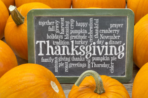 cloud of words related to celebration of Thanksgiving Day on a slate blackboard surrounded by pumpkins