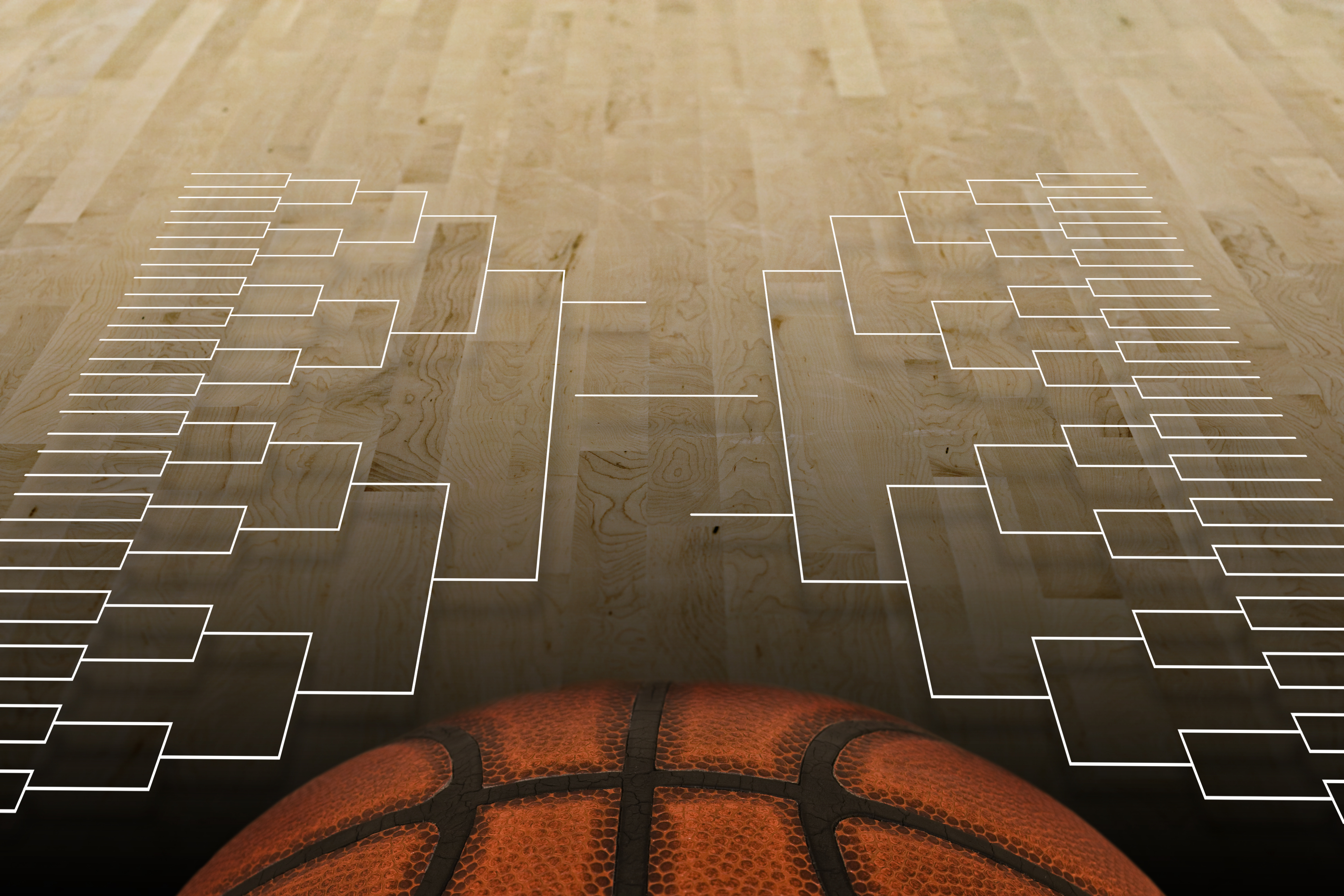 A basketball court with the grid of 64-team tournament on top. It's March Madness time!