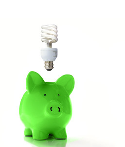 Piggy bank with a CF bulb above (smart energy)