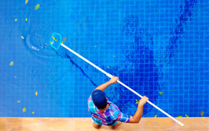 young adult man personnel cleaning the pool from leaves